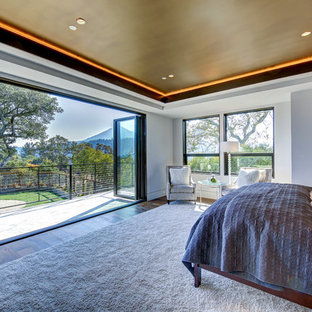 Modelo de dormitorio principal, contemporáneo, extra grande, con paredes blancas y suelo de madera oscura