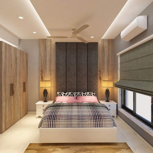 Diseño de dormitorio principal y papel pintado, actual, de tamaño medio, papel pintado, con paredes grises, suelo de baldosas de cerámica, suelo blanco y papel pintado