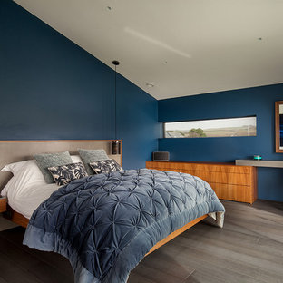 Contemporary bedroom: walnut, grey, blue
