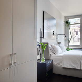 Bedroom - contemporary dark wood floor bedroom idea in New York with white walls