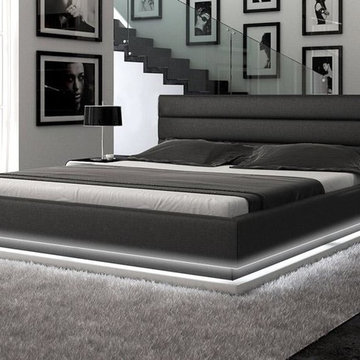 Contemporary Black Leather Platform Bed with Lights