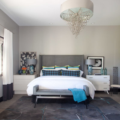 Inspiration for a contemporary carpeted bedroom remodel in Denver with gray walls and no fireplace
