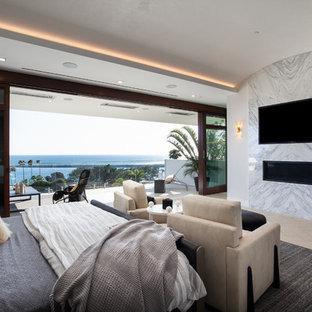 Ispirazione per una grande camera matrimoniale contemporanea con pareti grigie, parquet chiaro, camino lineare Ribbon, cornice del camino in pietra e pavimento beige