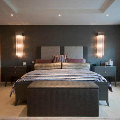 Bedroom - contemporary carpeted and beige floor bedroom idea in Manchester with gray walls and no fireplace