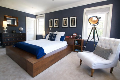シドニーにある広いコンテンポラリースタイルのおしゃれな寝室 (青い壁、カーペット敷き) のインテリア