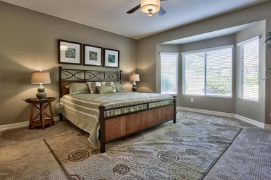 Photo of a contemporary master bedroom in Phoenix with carpet.