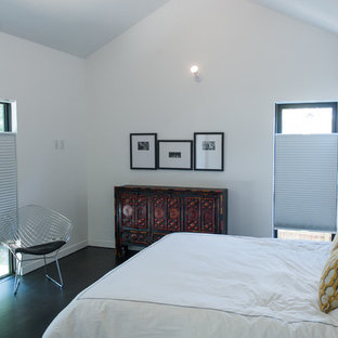 Foto de dormitorio principal, minimalista, de tamaño medio, con paredes blancas, suelo de madera oscura y suelo negro