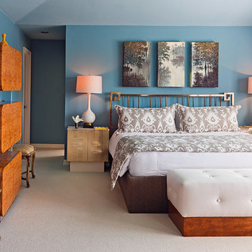 Coronado master bedroom in cool blue with custom furniture pieces