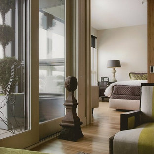 Foto de dormitorio tipo loft, contemporáneo, de tamaño medio, sin chimenea, con paredes blancas y suelo de madera clara