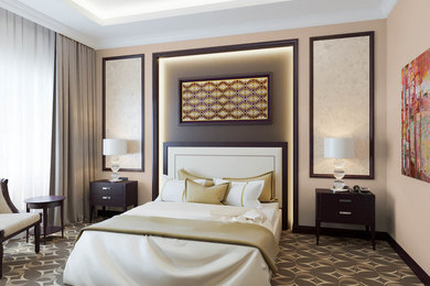 Идея дизайна: гостевая спальня среднего размера, (комната для гостей) в стиле модернизм с бежевыми стенами, ковровым покрытием, стандартным камином, фасадом камина из бетона и коричневым полом