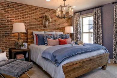 Стильный дизайн: хозяйская спальня среднего размера в стиле фьюжн с серыми стенами и ковровым покрытием без камина - последний тренд