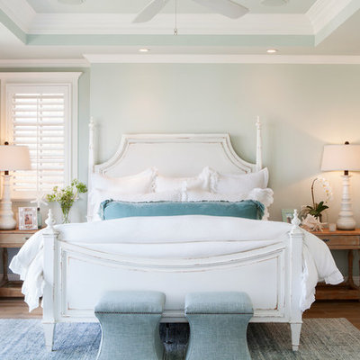 Example of a mid-sized beach style master medium tone wood floor bedroom design in Orange County with green walls