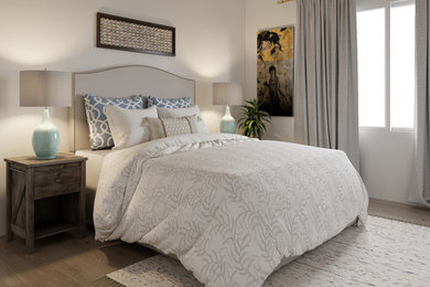 Пример оригинального дизайна: маленькая хозяйская спальня в морском стиле с серыми стенами и полом из керамической плитки для на участке и в саду