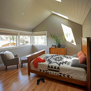 Imagen de dormitorio tipo loft, de estilo americano, de tamaño medio, sin chimenea, con paredes verdes y suelo de madera en tonos medios