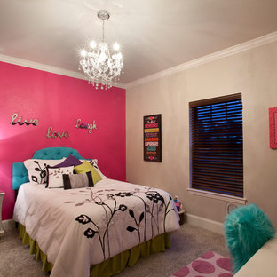 Photo of a large arts and crafts master bedroom in Austin with grey walls and ceramic floors.