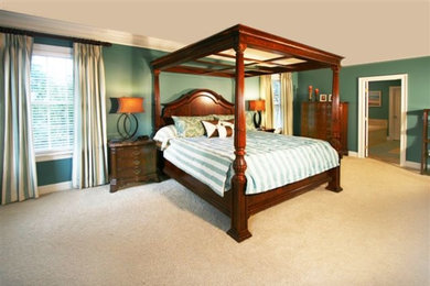 Large transitional master carpeted and beige floor bedroom photo in Richmond with green walls and no fireplace