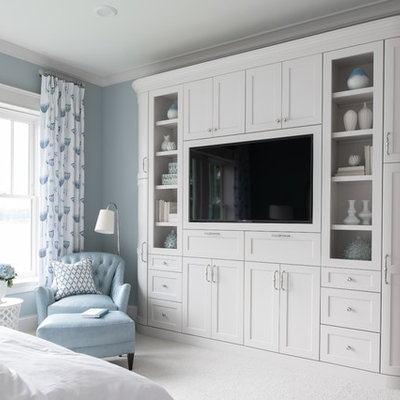 Mid-sized beach style master carpeted and white floor bedroom photo in Minneapolis with blue walls and no fireplace