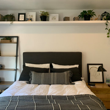 Custom headboard and built in shelf for plants and decor