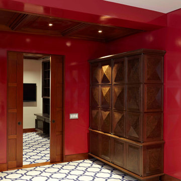 Custom millwork, red lacquer, & pocket doors