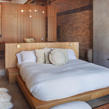 Custom Oak Platform Bed & Plaster Surround Fireplace