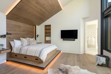 Diseño de dormitorio contemporáneo con suelo de madera en tonos medios y suelo marrón