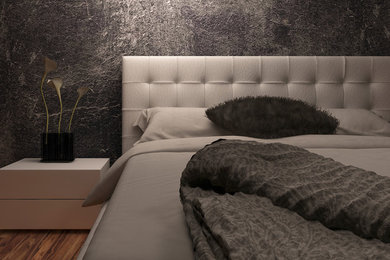 Ejemplo de dormitorio principal contemporáneo de tamaño medio sin chimenea con paredes grises y suelo de madera en tonos medios