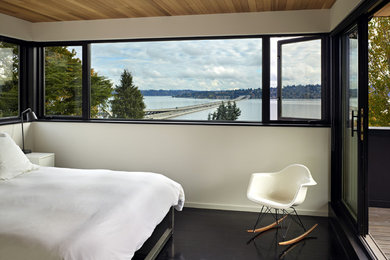 Bedroom - mid-sized contemporary master black floor bedroom idea in Seattle with white walls