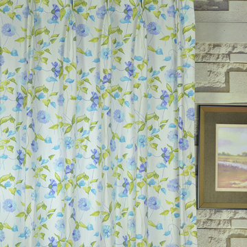 Daisy Chain Double Pinch Pleat Printed Cotton Curtain in Carolina Blue Color