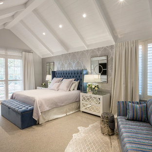 This is an example of a transitional master bedroom in Perth with grey walls, carpet and beige floor.