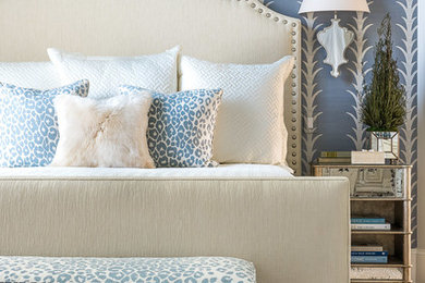 シャーロットにある中くらいなトランジショナルスタイルのおしゃれな主寝室 (青い壁) のインテリア