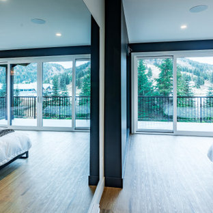 Diseño de dormitorio principal, moderno, grande, con paredes negras, suelo vinílico y suelo marrón
