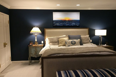Example of a trendy master carpeted and gray floor bedroom design in Philadelphia with blue walls