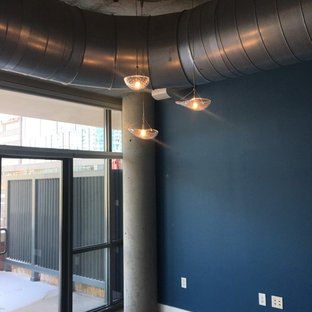 Design ideas for a mid-sized industrial loft-style bedroom in Denver with blue walls, concrete floors and brown floor.