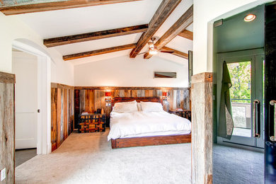 デンバーにあるラスティックスタイルのおしゃれな主寝室 (白い壁、カーペット敷き、暖炉なし) のインテリア