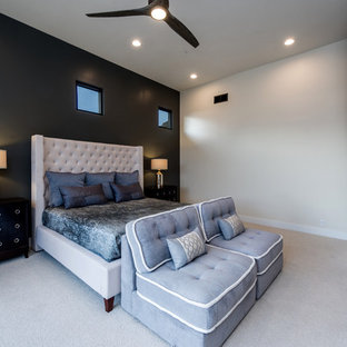 Geräumiges Klassisches Hauptschlafzimmer mit grauer Wandfarbe, Teppichboden, Hängekamin und Kaminumrandung aus Metall in Phoenix