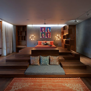 Ispirazione per un'ampia camera da letto minimal con pareti grigie e parquet scuro