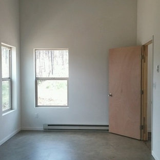 Imagen de dormitorio principal, tradicional renovado, pequeño, con paredes blancas, suelo de cemento y suelo gris