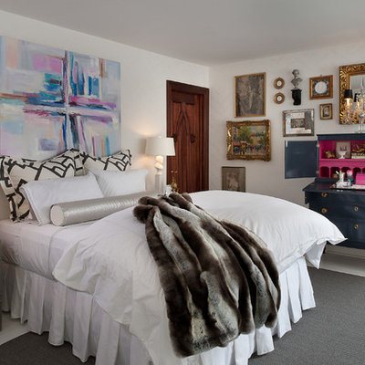 Inspiration for a large eclectic white floor bedroom remodel in New York with white walls and no fireplace