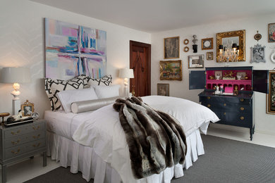 Inspiration for a large eclectic white floor bedroom remodel in New York with white walls and no fireplace
