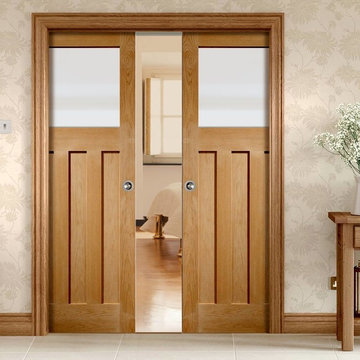DOUBLE POCKET DX OAK DOOR WITH OBSCURE SAFE GLASS, 1930'S STYLE