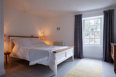 Imagen de dormitorio de tamaño medio con paredes blancas, suelo de madera pintada, todas las chimeneas, marco de chimenea de madera y suelo gris