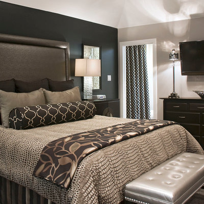 Bedroom - mid-sized transitional guest carpeted and gray floor bedroom idea in Los Angeles with black walls