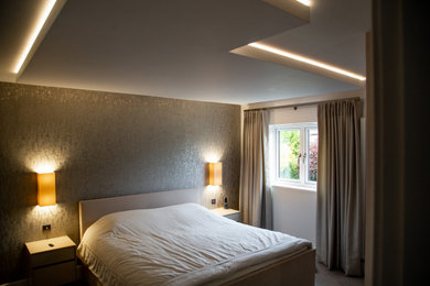 This is an example of a large contemporary guest bedroom in Other with beige walls, carpet, no fireplace and beige floors.