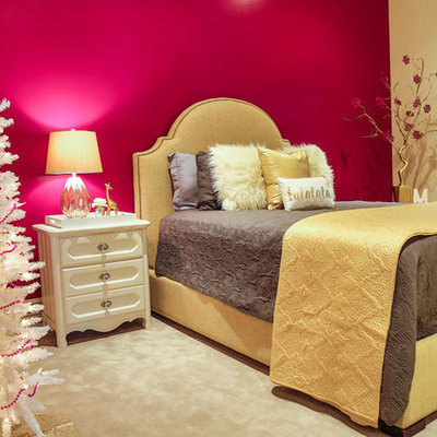 Example of a mid-sized trendy guest carpeted bedroom design in Salt Lake City with multicolored walls and no fireplace