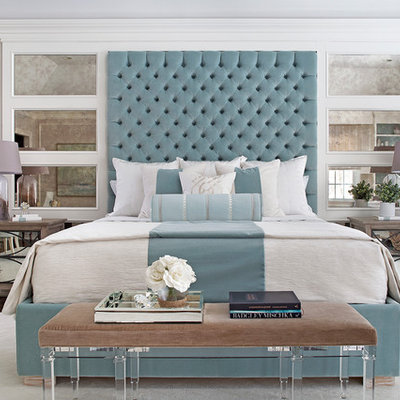 Example of a transitional master dark wood floor bedroom design in New York with gray walls and no fireplace