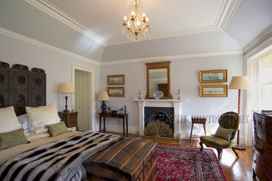 Aménagement d'une grande chambre parentale classique avec un mur bleu, un sol en bois brun, une cheminée standard et un manteau de cheminée en pierre.