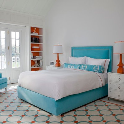 Large trendy white floor bedroom photo in Atlanta with white walls and no fireplace