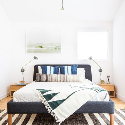 Danish master light wood floor and brown floor bedroom photo in Los Angeles with white walls