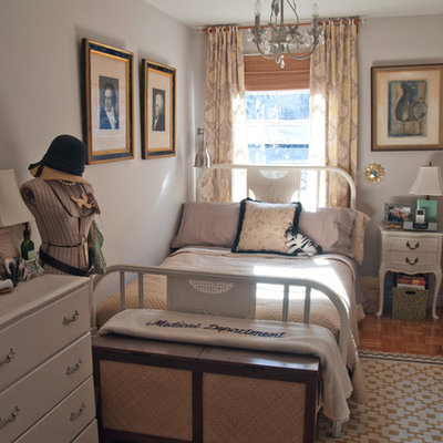 Inspiration for an eclectic medium tone wood floor bedroom remodel in New York with gray walls and no fireplace