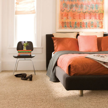 Eclectic bedroom with beige carpet